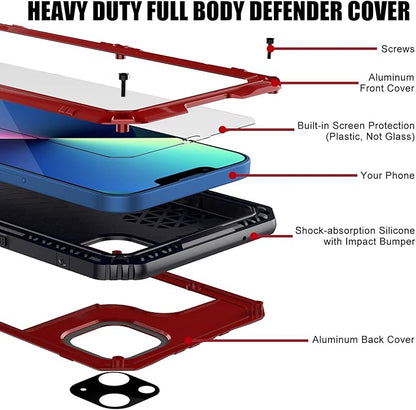 Mitywah Waterproof Case for iPhone 13, Heavy Duty Military Grade Drop Protection Phone Case with Built-in Screen Protector, 360° Full Body Protection Metal Armor Dropproof Case 6.1 inch, Red