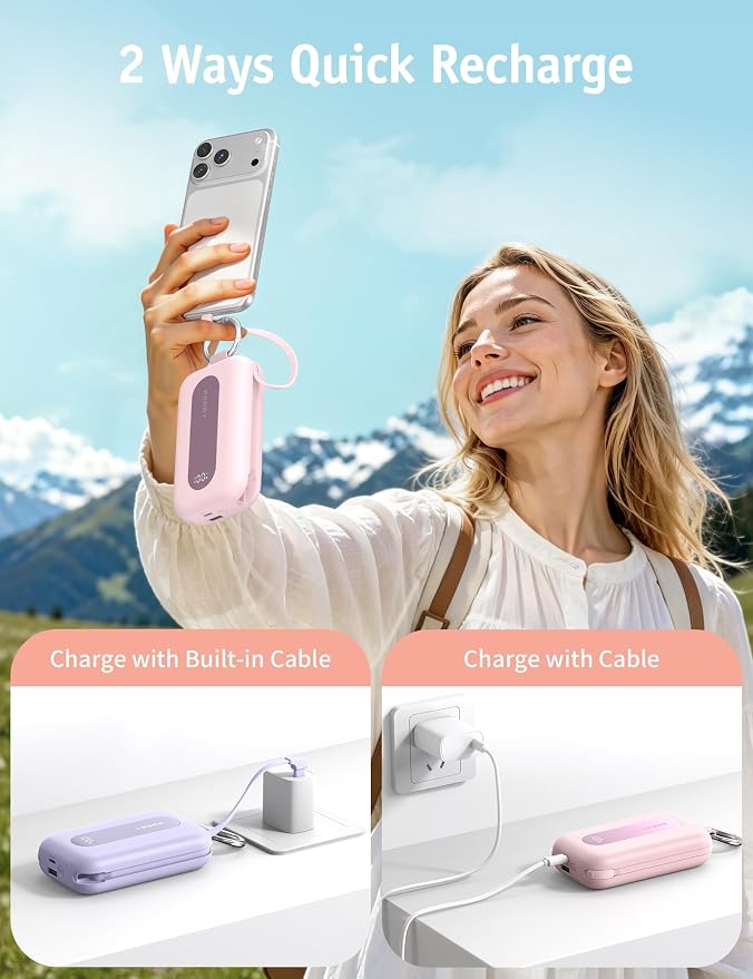 RORRY CharmGo Portable Charger 20000mAh 30W Power Bank 4 in 1 Battery Pack | Built-in Cables,Fast Charging,Keychain,Travel Essentials,Portable,for iPhone 17/16/15/14/13,for iPad Air/Pro,for AirPods