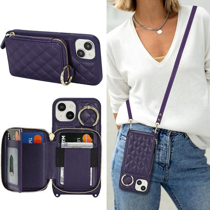 Crossbody Wallet Case for iPhone 14, PU Leather Zipper Handbag Purse Flip Cover, Kickstand Folio Case with Card Slots Holder Wrist Strap Lanyard 5G 6.1 Inch-Purple