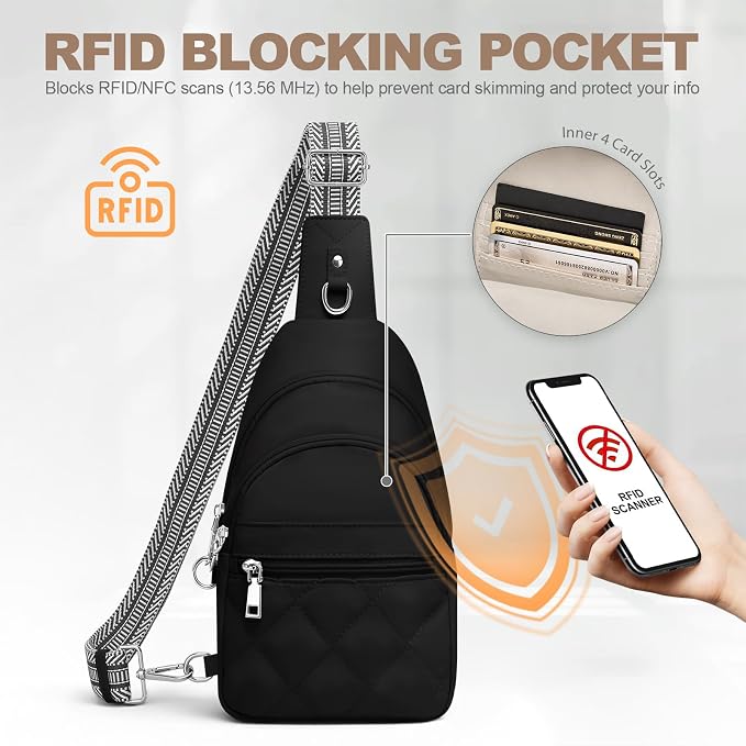 SYTRAH Sling Bag for Women, Anti-Theft RFID Crossbody Bag Nylon Sling Purse for Travel, Puffy Small backpack for Daily Hiking Sports Black