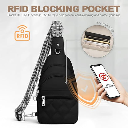 SYTRAH Sling Bag for Women, Anti-Theft RFID Crossbody Bag Nylon Sling Purse for Travel, Puffy Small backpack for Daily Hiking Sports Black