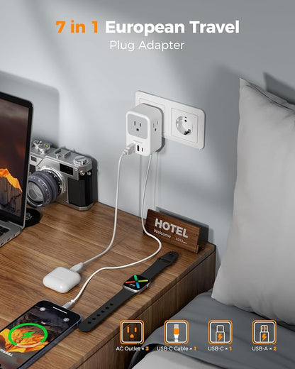 TESSAN European Travel Plug Adapter, 2 Pack | Built-in 20W Retractable USB-C Cable, Type C Power Adapter, 3 AC Outlets 4 USB Ports