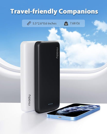 Miady 2-Pack Portable Charger 10000mAh Power Bank Battery Pack for Travel | 37Wh丨Dual USB丨3 Outputs 2 Inputs丨Slim丨Compatible with iPhone 17 16 Galaxy S24 Android Tablets etc丨Flight-Safe丨Black+White