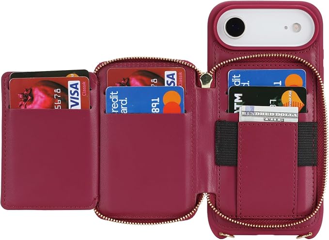 Crossbody Wallet Case for iPhone Air, PU Leather Zipper Handbag Purse Flip Cover, Kickstand Folio Case with Card Slots Holder Wrist Strap Lanyard 5G 6.5 Inch-Dark red