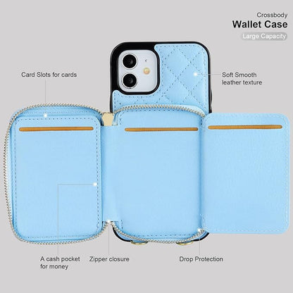 Bocasal Crossbody Wallet Case for iPhone 12/12 Pro, RFID Blocking PU Leather Zipper Handbag Purse Flip Cover, Kickstand Folio Case with Card Slots Holder Wrist Strap Lanyard 5G 6.1 Inch (Blue)