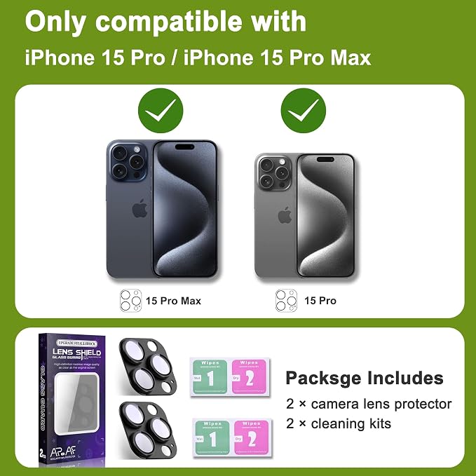 2-Pack Shatterproof Camera Lens Protector for iPhone 15 Pro/15 Pro Max |AR Tempered Glass Strong Adsorption Metal Camera Cover Screen(Black)