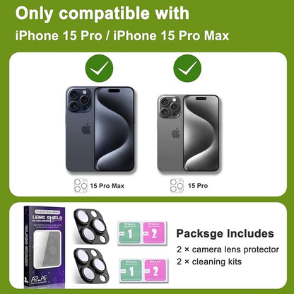 2-Pack Shatterproof Camera Lens Protector for iPhone 15 Pro/15 Pro Max |AR Tempered Glass Strong Adsorption Metal Camera Cover Screen(Black)