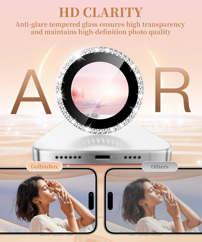 GolbinBox Camera Lens Protector for iPhone 14 Pro/14 Pro Max, 1:1 Invisible Fit, 9H Tempered Glass Ultra HD Metal Individual Camera Cover for Women, Case Friendly, Bling/Silver