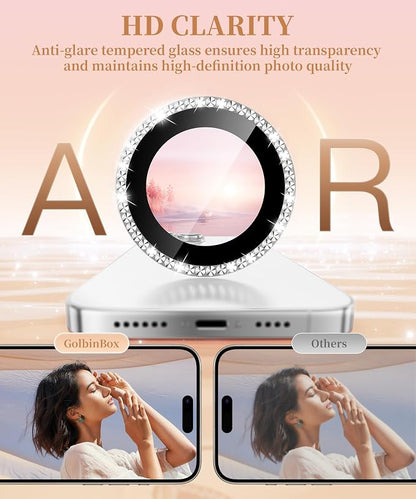 GolbinBox Camera Lens Protector for iPhone 14 Pro/14 Pro Max, 1:1 Invisible Fit, 9H Tempered Glass Ultra HD Metal Individual Camera Cover for Women, Case Friendly, Bling/Silver