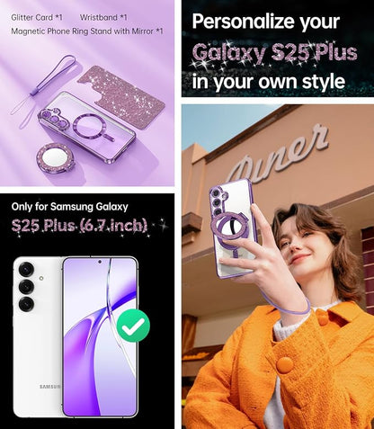 Meifgino Magnetic Case with Removable Phone Ring Stand for Samsung Galaxy S25 Plus, [Glitter Card & Wrist Strap] [MagSafe Compatible] [Built in Mirror] Phone Ring Stand + Phone Case Kit, Purple