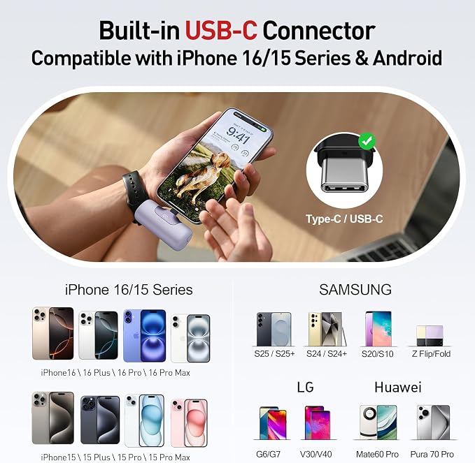 iWALK Portable Charger 5500mAh Next-Gen Small Power Bank 22.5W Fast Charging Battery USB-C Portable Phone Charger for iPhone 17/16/15 17 Plus 17 Pro Max iPad, Samsung Galaxy S25 S24 S23 Android,Purple