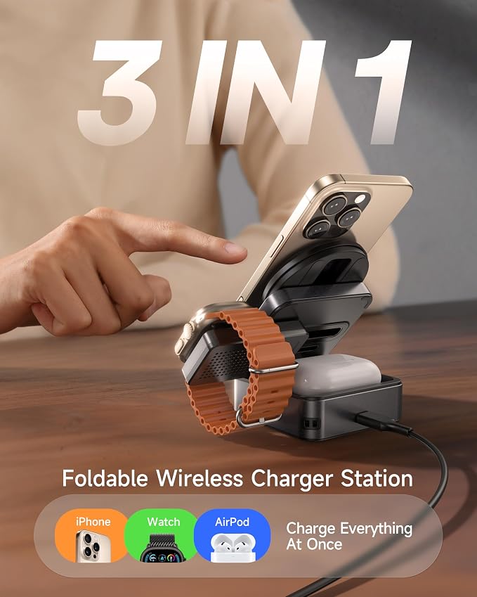 ZEEHOO 3-in-1 Foldable Magnetic Wireless Charging Station, Qi2 Certified 15W Travel Charger Stand Dock for iPhone 17/16/15/14/13/12 Series, Apple Watch, AirPods (30W Adapter Included)