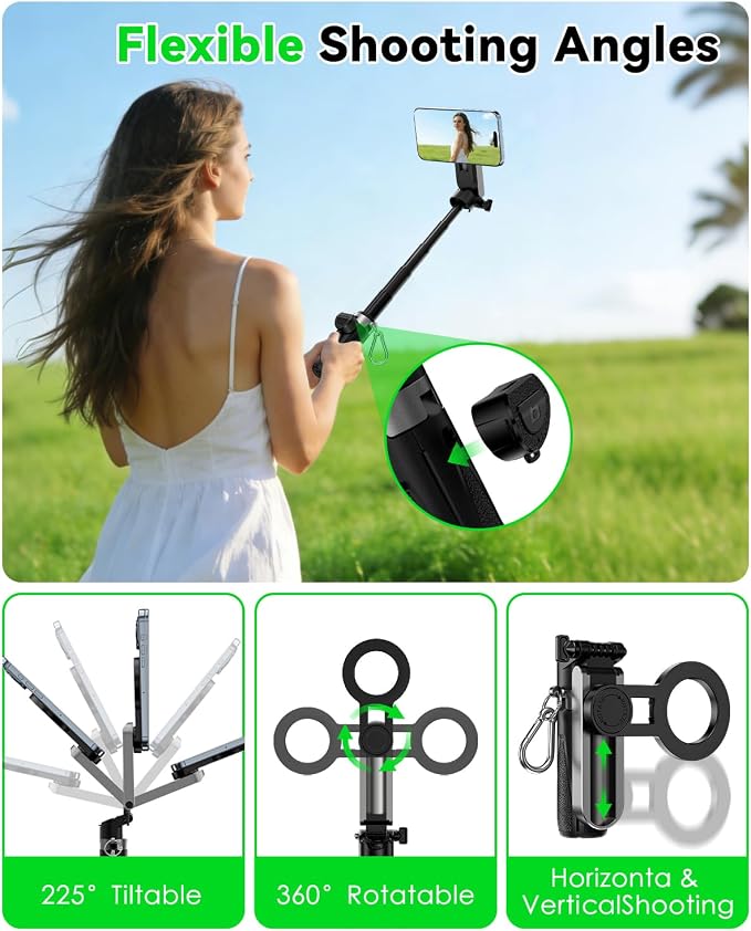 CloudValley Magnetic 4-in-1 Multifunctional Selfie Stick Tripod, Mini Portable Pocket Phone Stand with Detachable Remote, Compatible with MagSafe, for iPhone/Android, Travel Vlog, Live Stream, Black