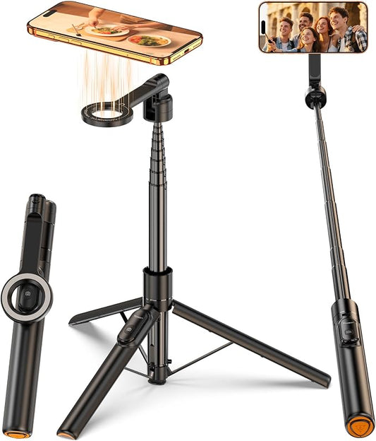 for Mag Safe Tripod for iPhone, 360° Rotating Head for Front & Rear Shooting, 65” Selfie Stick for iPhone Android with Remote & Metal Ring, Magnetic Phone Tripod Stand for Video Recording Travel