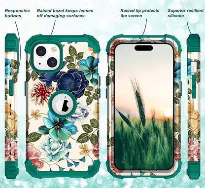 Hocase for iPhone 15 Plus Case, Heavy Duty Shockproof Protection Soft Silicone Rubber Bumper+Hard Plastic Hybrid Protective Case for iPhone 15 Plus 6.7" 2023 - Teal Flowers