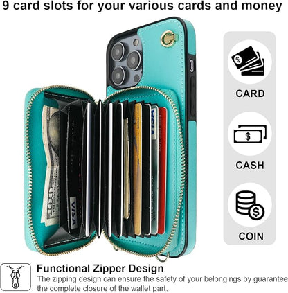 Bocasal Crossbody Wallet Case for iPhone 14 Pro Max, RFID Blocking Leather Purse Case with Card Holder, Protective Handbag Flip Cover with Zipper Wrist Strap Lanyard for Women 5G 6.7 Inch (Mint Green)