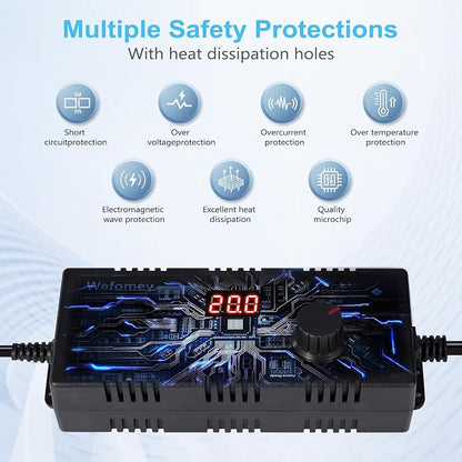 Universal Power Supply 3V~24V 6A 144W Adjustable Variable 3V 5V 9V 12V 18V 20V 24V AC/DC Adapter Charger, 100V-240V AC to DC Converter with 14 Tips, Polarity Converter and 4-Way Power Splitter Cable