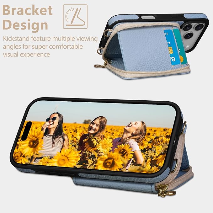 Keallce Case for iPhone 17 Pro 6.3'' Case Wallet, Crossbody Zipper Purse with RFID Blocking Card Slots Kickstand, Lanyard & Handstrap Flip Folio Leather Phone Cover for iPhone 17 Pro, Blue