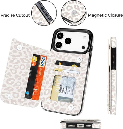 uCOLOR for iPhone 17 Pro Max Wallet Case with Card Holder PU Leather RFID Blocking Design iPhone 17 Pro Max flip case for Women Men Magnetic Clasp Kickstand Design 6.9 inch (Beige Leopard)