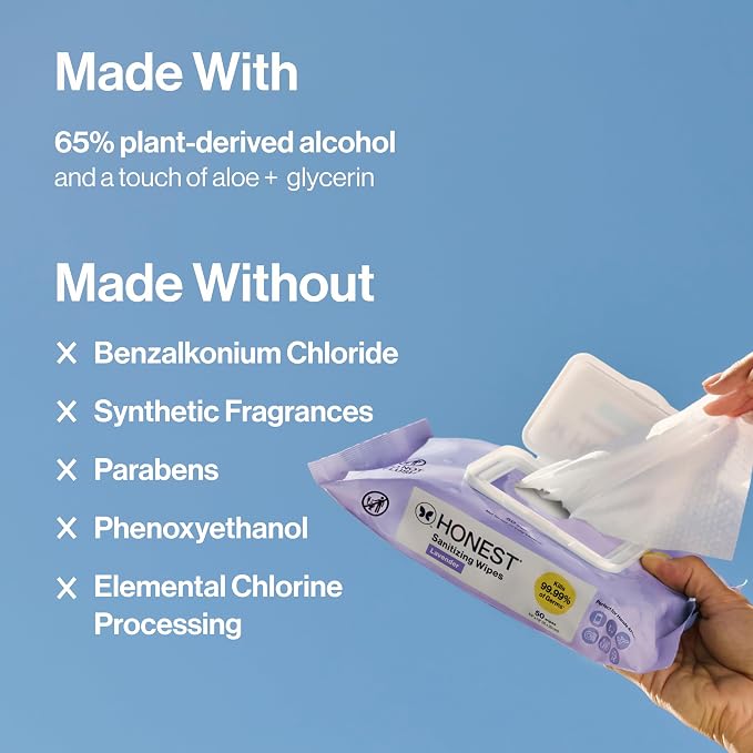 The Honest Company Lavender Sanitizing Wipes, Kills 99.99% of Germs, Safe for All Hands, Antibacterial, Dermatologist Tested, 50 Count