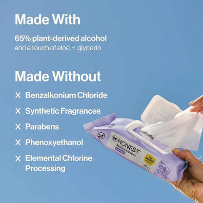 The Honest Company Lavender Sanitizing Wipes, Kills 99.99% of Germs, Safe for All Hands, Antibacterial, Dermatologist Tested, 50 Count