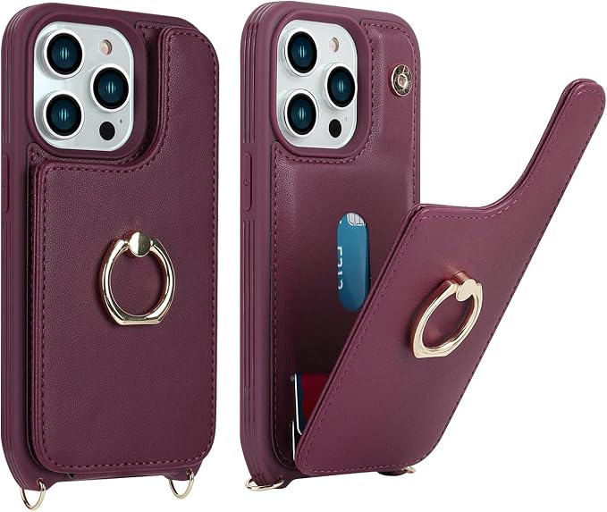 Lipvina for iPhone 14 Pro Case with Card Holder for Women,Phone Case with Strap,Crossbody Lanyard,RFID Blocking,Ring Stand,Snap Clasp,Cute Wallet Case 6.1 inch(Wine Red)