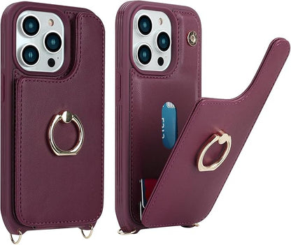 Lipvina for iPhone 14 Pro Case with Card Holder for Women,Phone Case with Strap,Crossbody Lanyard,RFID Blocking,Ring Stand,Snap Clasp,Cute Wallet Case 6.1 inch(Wine Red)