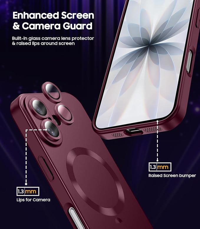 Magnetic for iPhone 17 Case [Compatible with MagSafe][Built-in Camera Lens Protector] Slim Thin Soft Silicone Bumper Shockproof Metallic Luster Phone Case (Burgundy)