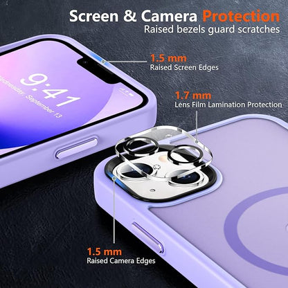 MOCCA Strong Magnetic for iPhone 13 Case, [Compatible with Magsafe][Screen Protector+Camera Lens Protector] Translucent Matte Back Slim Shockproof Case for iPhone 13 Phone Case 6.1", Light Purple