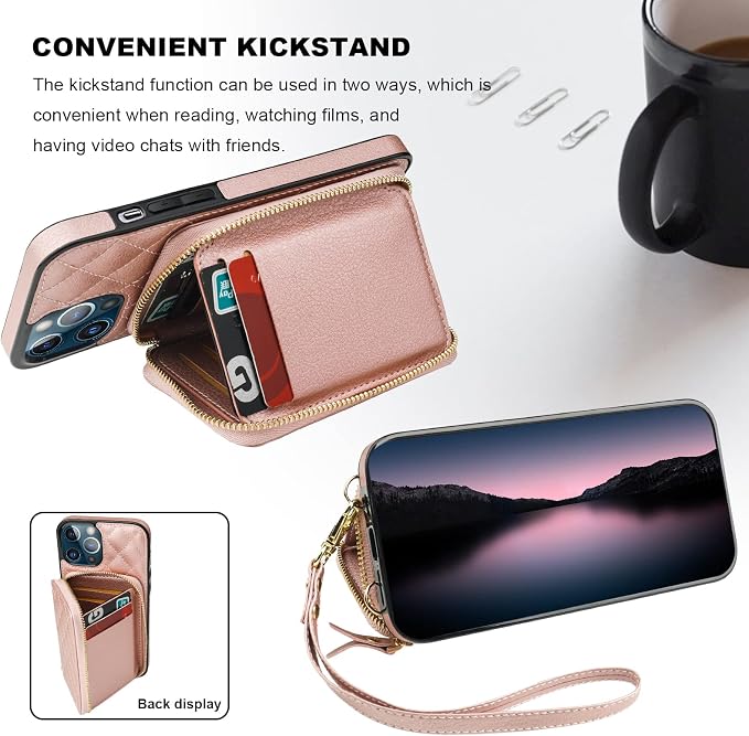 Bocasal Crossbody Wallet Case for iPhone 13 Pro Max, RFID Blocking PU Leather Zipper Handbag Purse Flip Cover, Kickstand Folio Case with Card Slots Holder Wrist Strap Lanyard 5G 6.7 Inch (Rose Gold)