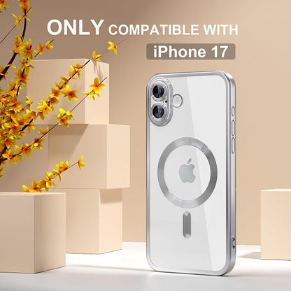 Misea Magnetic for iPhone 17 Case Compatible with MagSafe [Never Yellowing] [Military Grade Drop Protection] Full Camera Lens Protector Plating Soft Clear Phone Case for Women, Silver