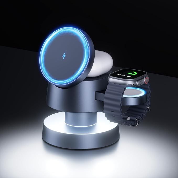 4 in 1 Magnetic Wireless Charging Station,15W Fast Charging with Adjustable Night Light for MagSafe Charger Stand,3 in 1 Wireless Charger for iPhone 17/16/15/14/13 Pro Max,Apple Watch & AirPods