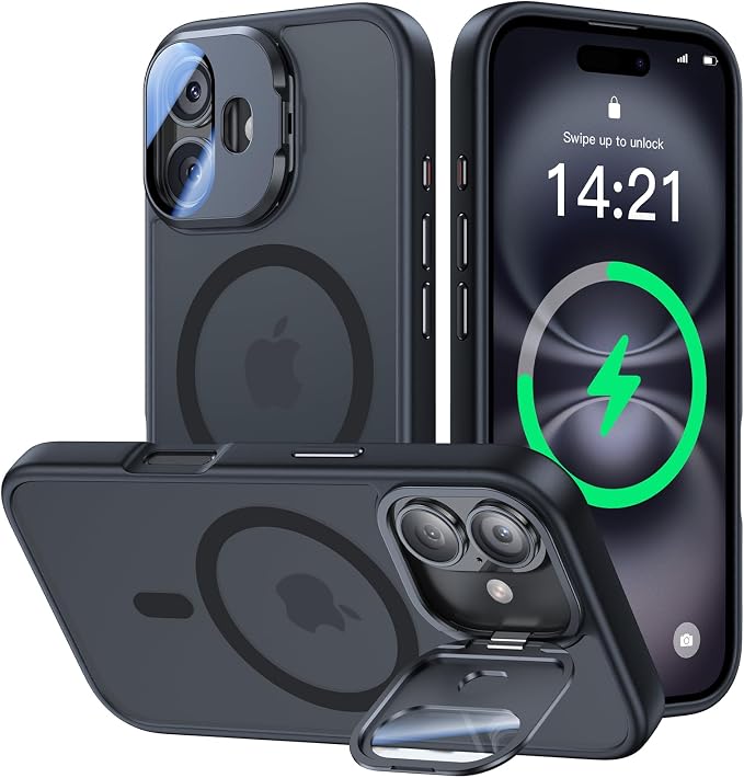 [Upgraded] for iPhone 16 Case with Camera Cover Stand [Fit for MagSafe][9H Camera Lens Protector] Mil-Grade Protection Translucent Matte Silicone Magnetic iPhone 16 Phone Case, Black