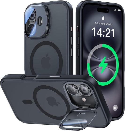 [Upgraded] for iPhone 16 Case with Camera Cover Stand [Fit for MagSafe][9H Camera Lens Protector] Mil-Grade Protection Translucent Matte Silicone Magnetic iPhone 16 Phone Case, Black