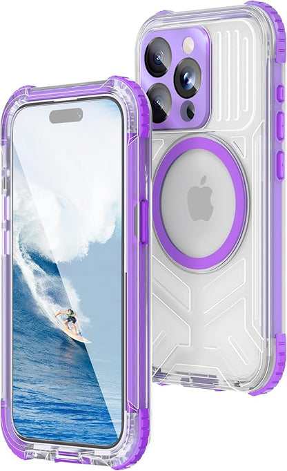 WIFORT for iPhone 15 Pro Max Waterproof Case, [IP68 Underwater Dustproof][Built-in Screen][15FT Military Shockproof], 360 Full Body Sealed Protection Cover Magnetic Frosted Phone Case, 6.7" Purple