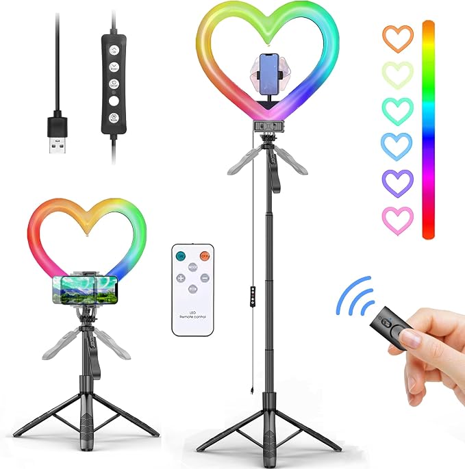 Heart Ring Light, 13" Desk Ring Light with Extendable Selfie Stick Stand for Laptop Video Conference Lighting with Phone Holder Height Adjustable 47 Color Modes for Live Stream/Makeup Compatible