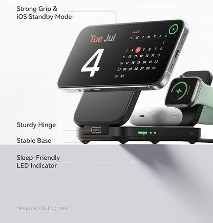 INIU 3-in-1 Charging Station for Apple Device, Qi2 Certified 15W Fast Magnetic Wireless Charger Dock, Travel Charging Compatible with Mag-Safe for iPhone 17 16 15 14 13 12 Series, Apple Watch &AirPods