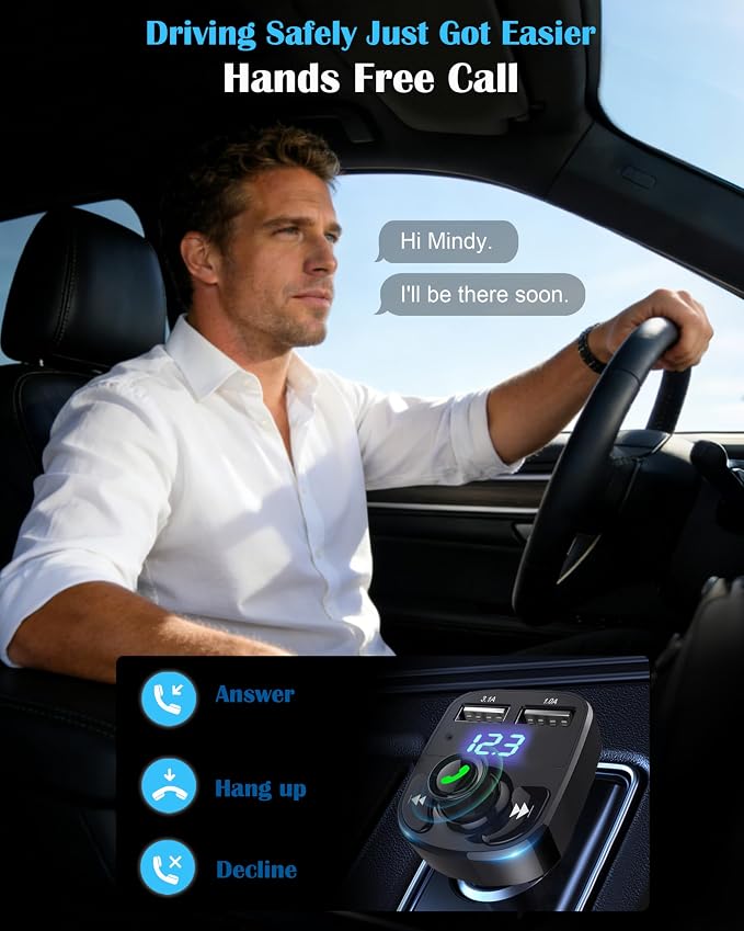 Handsfree Call Car Charger, Wireless Bluetooth 5.3 FM Transmitter Radio Receiver, MP3 Audio Music Adapter, Dual USB Ports, LED Show Voltage/FM Frequency, Compatible for iPhone Samsung Smartphones