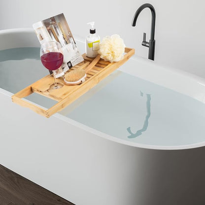 Bamboo Bathtub Tray - Wood Bath Caddy with Book, Phone, or Tablet Rest, Cup Holder, and Extended Sides for Bath Accessories by Lavish Home (Natural)