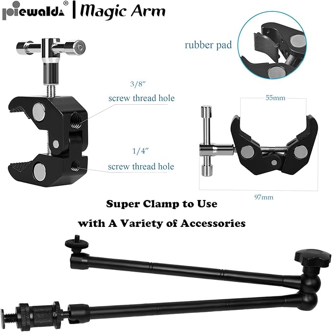 20" Magic Arm Clamp Kit with 1/4" & 3/8" Thread Clamp,Adjustable Friction arm- Articulating arm,with/Phone Clip/Tripod Mount Adapter,for Action Camera/DSLR/LCD Monitor/LED Lights/Cell Phone