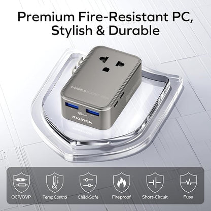 MOMAX 1-World Pocket Universal Travel Adapter – Ultra-Thin, Stylish & Mini GaN Charger, 25W Fast Charging, 5 Ports: 2 USB-C + 2 USB-A + AC, Foldable Plug, Worldwide Voltage, Misty Gray (1-Pack)