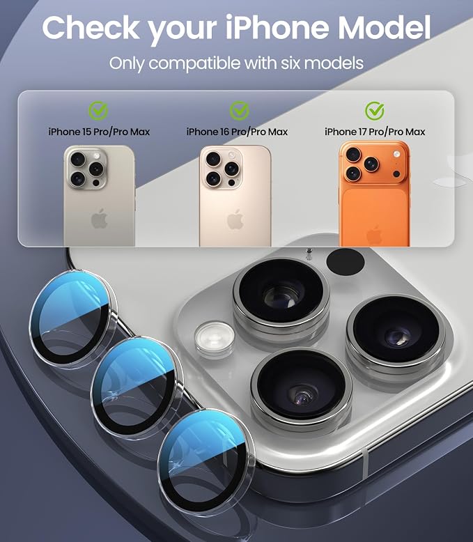 PandaShield 2-Pack Anti-Reflection Camera Lens Protector for iPhone 17/16/15 Pro & Pro Max, Easy Installation,Anti-Scratch,9H Hardness,98% Ultra Clarity,Maintains Original Lens Design - Transparent