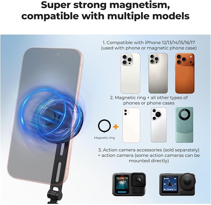 K&F CONCEPT Neck Phone Holder, 2-in-1 Magnetic & Clip-on Phone Neck Holder, POV Phone Holder, Hand Free Chest Stand Compatible with iPhone 17-12 Seires Android Phones