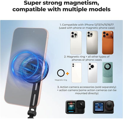 K&F CONCEPT Neck Phone Holder, 2-in-1 Magnetic & Clip-on Phone Neck Holder, POV Phone Holder, Hand Free Chest Stand Compatible with iPhone 17-12 Seires Android Phones