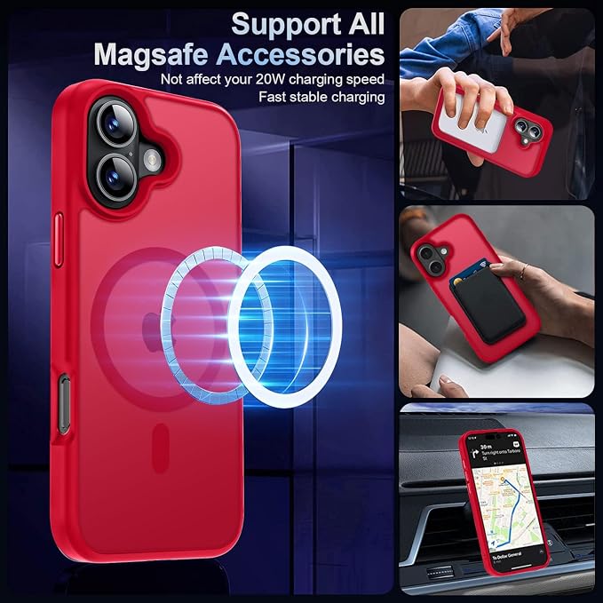 MOCCA Strong Magnetic for iPhone 16 Case, [Compatible with Magsafe][16FT Mil-Grade Drop Protection] Slim Thin Translucent Matte Protective Cover Case for iPhone 16 Phone Case 6.1", Red