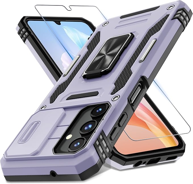 DEERLAMN Case for Samsung Galaxy A15 5G with Slide Camera Cover+Screen Protector (1 Pack), Rotated Ring Kickstand Military Grade Shockproof Protective Cover-Light Purple