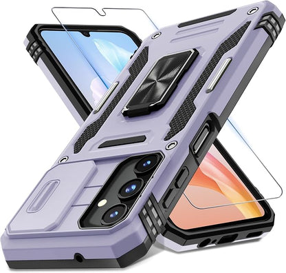 DEERLAMN Case for Samsung Galaxy A15 5G with Slide Camera Cover+Screen Protector (1 Pack), Rotated Ring Kickstand Military Grade Shockproof Protective Cover-Light Purple