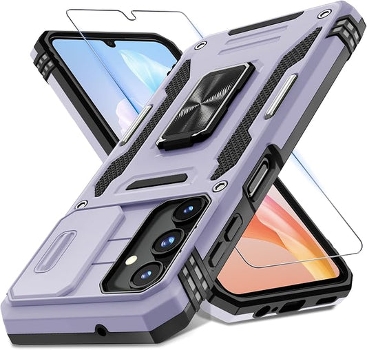 DEERLAMN Case for Samsung Galaxy A15 5G with Slide Camera Cover+Screen Protector (1 Pack), Rotated Ring Kickstand Military Grade Shockproof Protective Cover-Light Purple