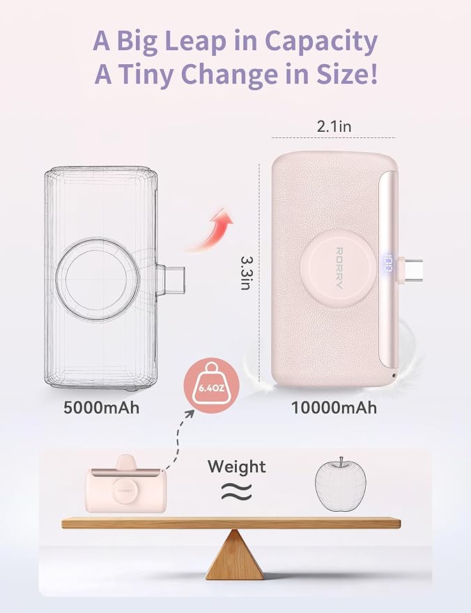 RORRY PalmGo Portable Charger Power Bank 10000mAh 3-in-1 Mini Battery Pack | Built-in USB-C Connector, 22.5W Fast Charging, for iPhone 17/16/15, Apple Watch, iPad, Travel Essential, Pocket Size