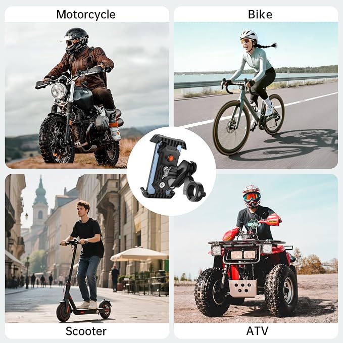 Motorcycle Phone Mount with Vibration Dampener & Security Lock, 720° Adjustable Bike Phone Holder Handlebar, Anti-Theft Motorcycle Phone Holder for iPhone 17/16/15/14/13 Series, 4.5-6.8" Phones